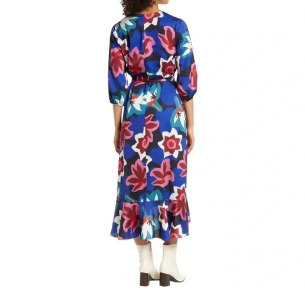 Sam Edelman Matisse Floral Faux Wrap Midi Dress Cobalt Multi 3/4 Sleeve - Picture 2 of 11